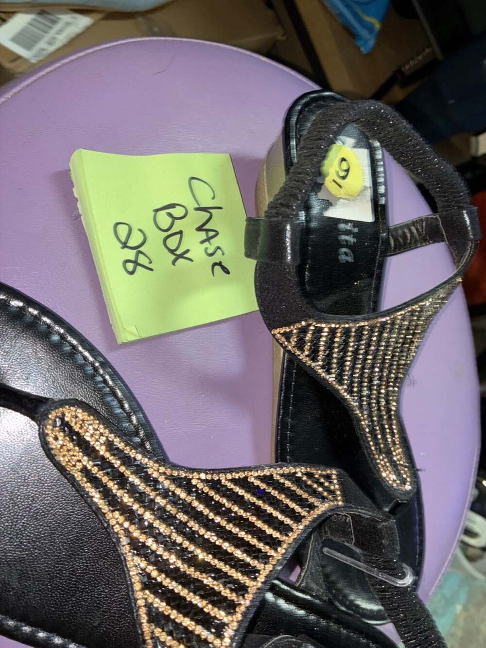 Lucita Black Rhinestone T-Strap Wedge Sandals